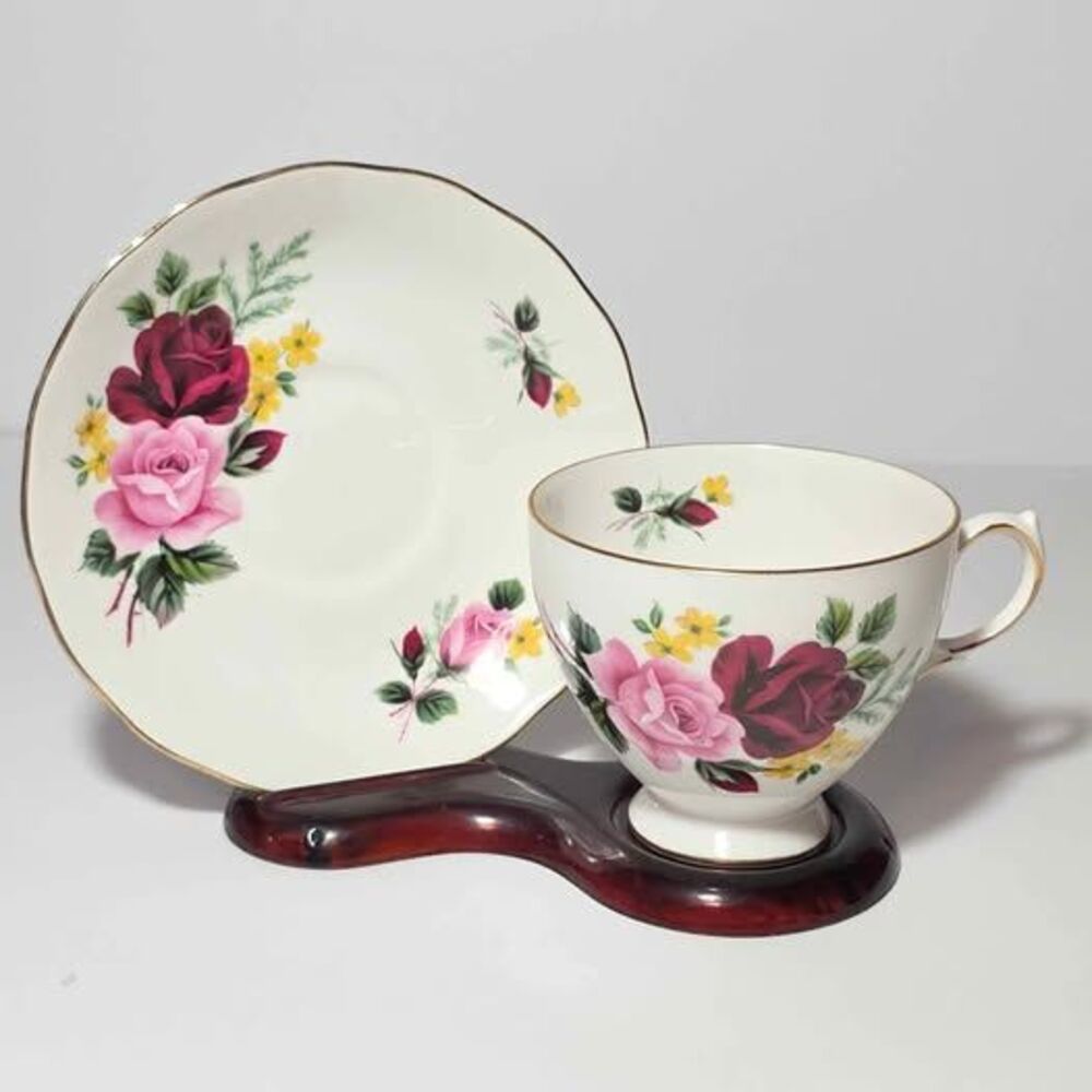 Queen Anne Teacup and Saucer Pink Roses Vintage